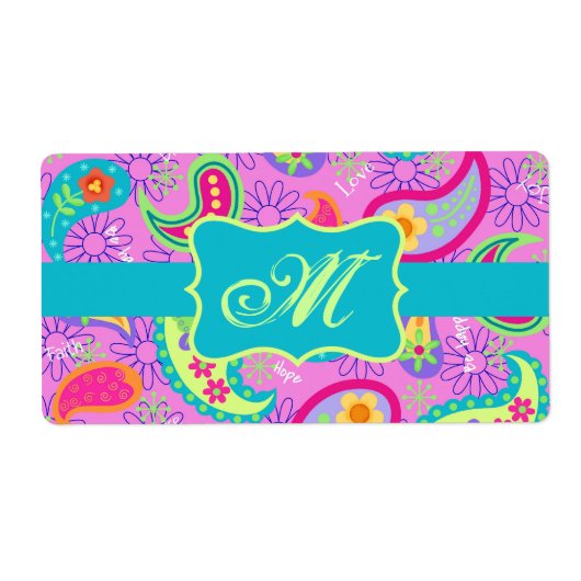 Magenta roze Turquoise Modern Paisley Monogram Etiket (Voorkant)
