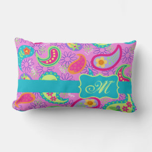 Magenta roze Turquoise Modern Paisley Monogram Kussen
