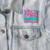 Magenta roze Turquoise Modern Paisley Monogram Vierkante Button 5,1 Cm (In situ)