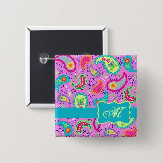 Magenta roze Turquoise Modern Paisley Monogram Vierkante Button 5,1 Cm (Voorkant /achterkant)