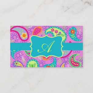 Magenta roze Turquoise Modern Paisley Monogram Visitekaartje