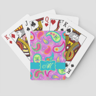 Magenta Roze Turquoise Moderne Paisley Monogram Pokerkaarten