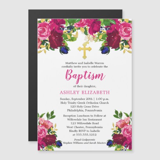 Magenta Roze Waterverf Bloemdoop Uitnodiging Magnetische Uitnodiging (Voorkant / Achterkant)