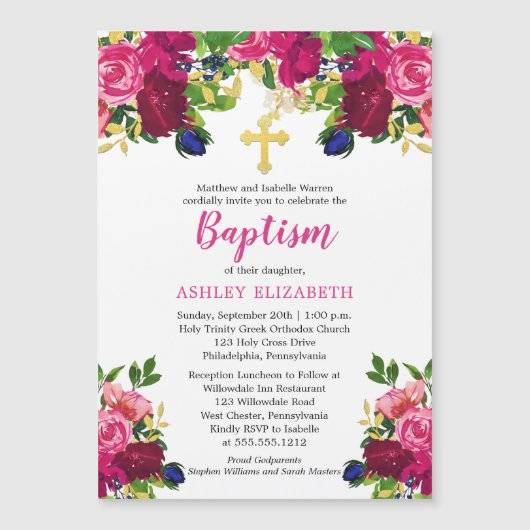 Magenta Roze Waterverf Bloemdoop Uitnodiging Magnetische Uitnodiging (Voorkant)