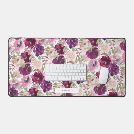 Magenta Roze Waterverf Bloemen Spiraal Bureaumat (Keyboard & Muis)