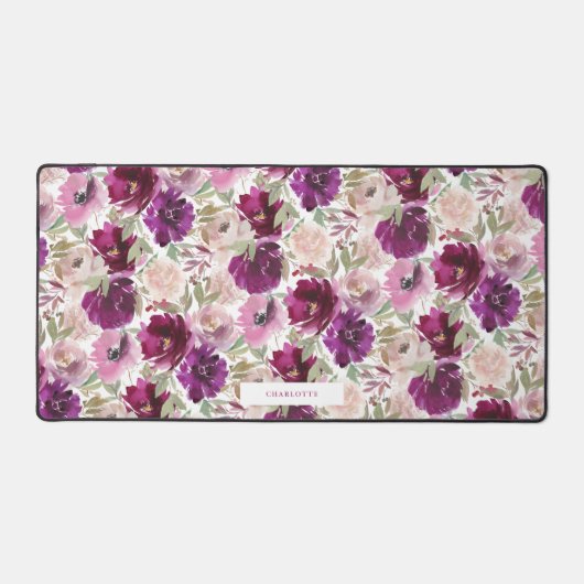 Magenta Roze Waterverf Bloemen Spiraal Bureaumat (Voorkant)