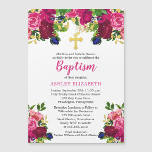 Magenta roze Waterverf Floral Baptism Uitnodiging Magnetische Uitnodiging