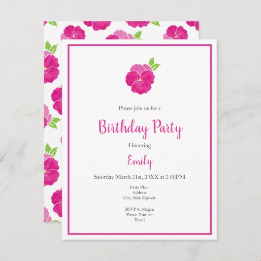 Magenta roze Waterverf Pansy & Pattern Kaart (Voorkant / Achterkant)