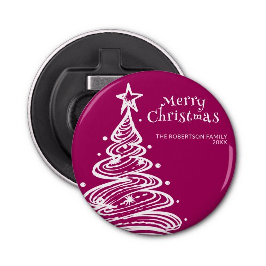 Magenta Roze Wit Kerstboom Party Button Flesopener (Voorkant)
