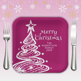 Magenta Roze Wit Kerstboom Party Papieren Bordje