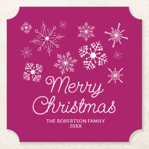Magenta Roze Wit Sneeuwvlokken Kerstfeest Kartonnen Onderzetters