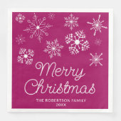 Magenta Roze Wit Sneeuwvlokken Kerstfeest Servet (Voorkant)