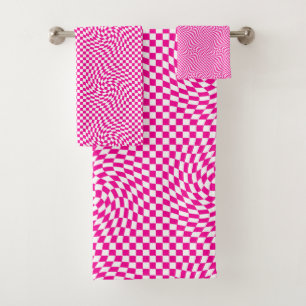 Magenta Roze & Wit Warped Chic Checkered Pattern Bad Handdoek