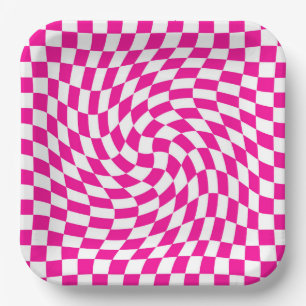 Magenta Roze & Wit Warped Chic Checkered Pattern Papieren Bordje