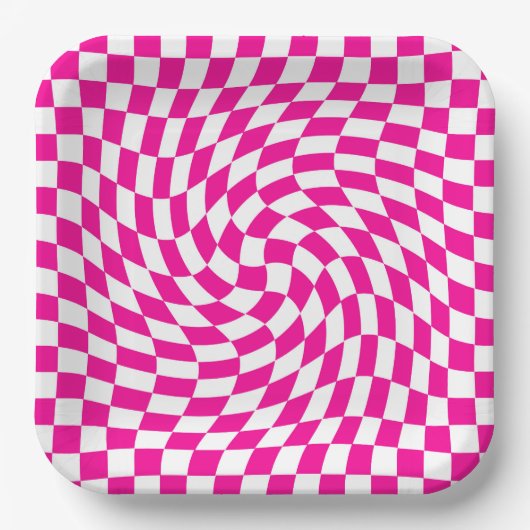 Magenta Roze & Wit Warped Chic Checkered Pattern Papieren Bordje (Voorkant)