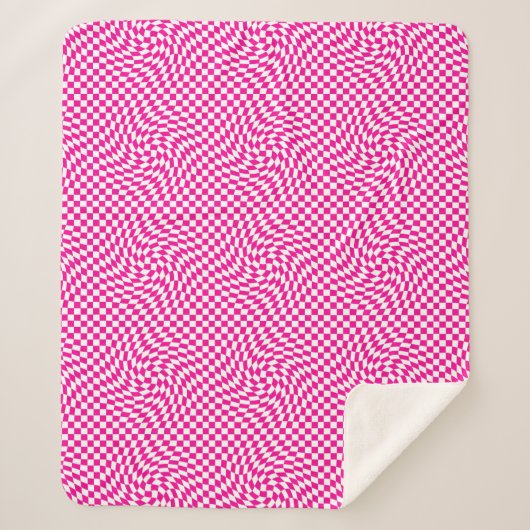 Magenta Roze & Wit Warped Chic Checkered Pattern Sherpa Deken (Voorkant)