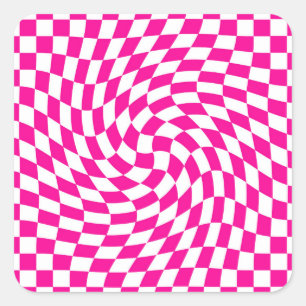 Magenta Roze & Wit Warped Chic Checkered Pattern Vierkante Sticker