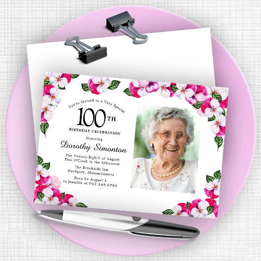  Magenta roze witte foto 100th Birthday Kaart