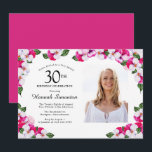 Magenta roze witte foto 30th Birthday Kaart<br><div class="desc">Een elegant lijst van waterverf pansies omringt je 30ste verjaardagsfeestje details en foto's. De heldere en kleurrijke magenta, roze en witte bloem is perfect voor een lente- of zomerfeest. Al tekst is editable zodat kunt u enkel het juiste beeld creëer. De achterkant van de uitnodiging is een levendige magenta. Deze...</div>