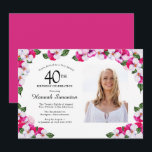 Magenta roze witte foto 40th Birthday Kaart<br><div class="desc">Een elegant lijst waterverf pansies omringt je 40ste verjaardagsfeestje details en foto's. De heldere en kleurrijke magenta, roze en witte bloem is perfect voor een lente- of zomerfeest. Al tekst is editable zodat kunt u enkel het juiste beeld creëer. De achterkant van de uitnodiging is een levendige magenta. Deze uitnodiging...</div>