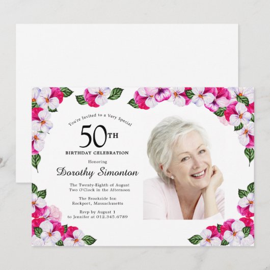  Magenta roze witte foto 50th Birthday Kaart (Voorkant / Achterkant)