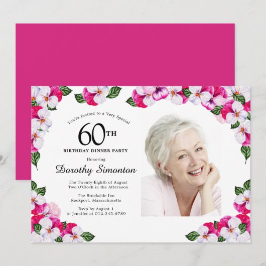 Magenta Roze Witte Foto 60ste Verjaardag Diner Kaart (Voorkant / Achterkant)