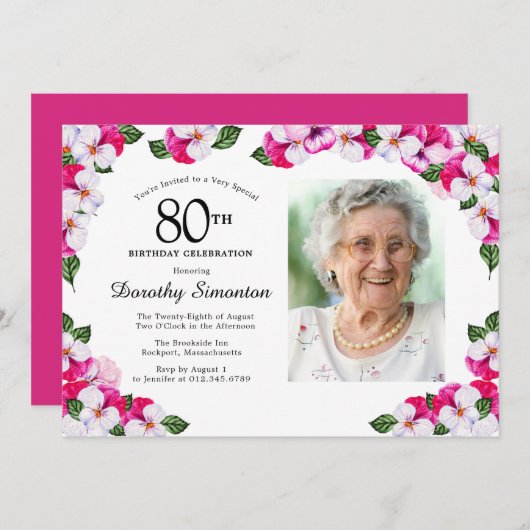  Magenta roze witte foto 80th Birthday Kaart (Voorkant / Achterkant)