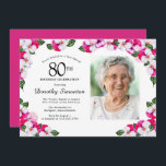 Magenta roze witte foto 80th Birthday Kaart<br><div class="desc">Een elegant lijst waterverf pansies omringt je details en foto van je 80ste verjaardagsfeestje. De heldere en kleurrijke magenta, roze en witte bloem is perfect voor een lente- of zomerfeest. Al tekst is editable zodat kunt u enkel het juiste beeld creëer. De achterkant van de uitnodiging is een levendige magenta....</div>
