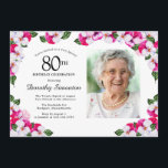 Magenta roze witte foto 80th Birthday Kaart<br><div class="desc">Een elegant lijst waterverf pansies omringt je details en foto van je 80ste verjaardagsfeestje. De heldere en kleurrijke magenta, roze en witte bloem is perfect voor een lente- of zomerfeest. Al tekst is editable zodat kunt u enkel het juiste beeld creëer. De achterkant van de uitnodiging is een levendige witte...</div>