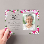 Magenta roze witte foto 90th Birthday Acryl Uitnodigingen<br><div class="desc">Deze uitnodiging is ontworpen met een transparante acrylachtergrond. Een elegant lijst van waterverf slipjes omringt uw 90ste verjaardagsfeest gegevens en foto. De heldere en kleurrijke magenta, roze en witte bloemen zijn perfect voor een lente- of zomerverjaardagsfeest. Alle tekst is bewerkbaar, zodat je precies de juiste sfeer kunt creëer. De achterkant...</div>