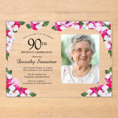  Magenta roze witte foto 90th Birthday Acryl Uitnodigingen (Voorkant)