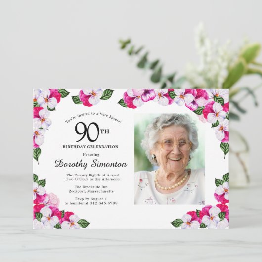  Magenta roze witte foto 90th Birthday Kaart (Staand voorkant)