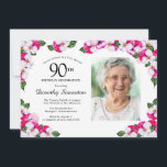 Magenta roze witte foto 90th Birthday Kaart<br><div class="desc">Een elegant lijst waterverf pansies omringt je 90ste verjaardagsfeestje details en foto's. De heldere en kleurrijke magenta, roze en witte bloem is perfect voor een lente- of zomerfeest. Al tekst is editable zodat kunt u enkel het juiste beeld creëer. De achterkant van de uitnodiging is een levendige witte florale afdruk...</div>