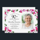 Magenta roze witte foto 90th Birthday Kaart<br><div class="desc">Een elegant lijst waterverf pansies omringt je 90ste verjaardagsfeestje details en foto's. De heldere en kleurrijke magenta, roze en witte bloem is perfect voor een lente- of zomerfeest. Al tekst is editable zodat kunt u enkel het juiste beeld creëer. De achterkant van de uitnodiging is een scherp wit. Deze uitnodiging...</div>