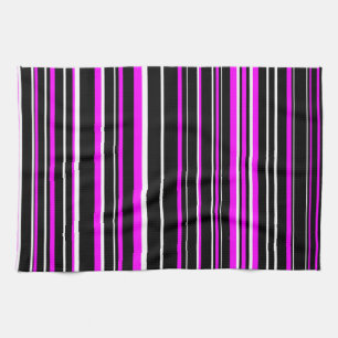 Magenta Roze, Zwart en Wit Barcode Streep Theedoek