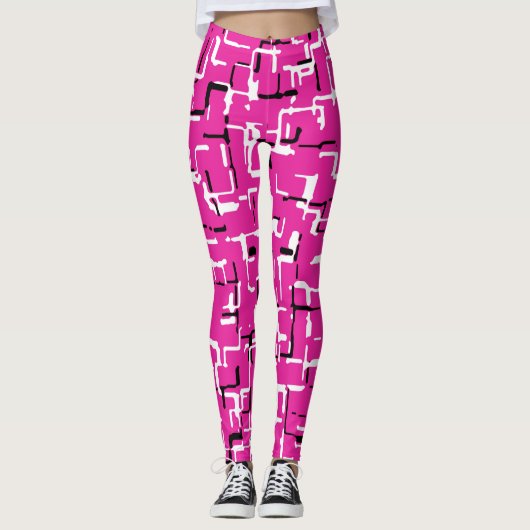 Magenta roze zwart wit chique patroon leggings (Voorkant)