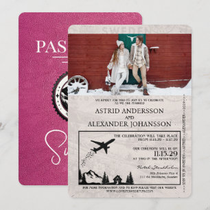 Magenta Roze Zweden Paspoort Huwelijksuitnodiging Kaart