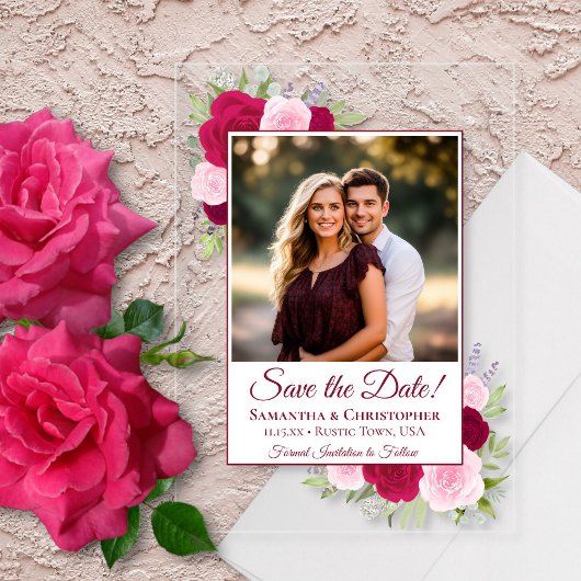 Magenta Rozen & Fotobruiloft Bewaar de datum Acryl Uitnodigingen
