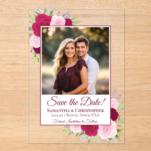 Magenta Rozen & Fotobruiloft Bewaar de datum Acryl Uitnodigingen (Voorkant)
