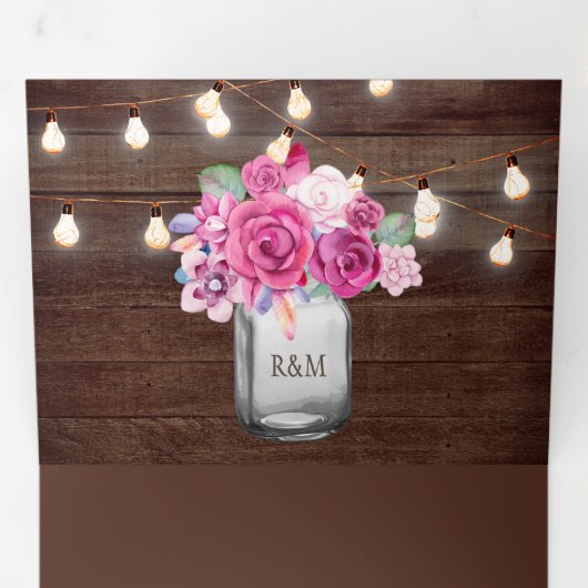 Magenta Rozen Mason Jar String Lights Huwelijk Drieluik Uitnodiging (Binnenzijde eerst)