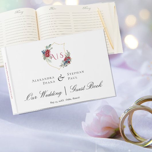 Magenta Rozen Waterverf Botanisch Wapenschild Mono Gastenboek