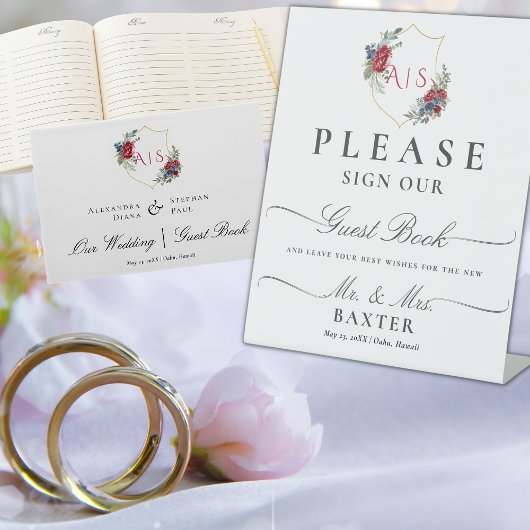 Magenta Rozen Waterverf Botanische Crest Monogram Reclamebord Met Voetstuk