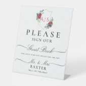 Magenta Rozen Waterverf Botanische Crest Monogram Reclamebord Met Voetstuk (Voorkant)