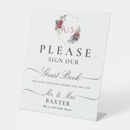 Magenta Rozen Waterverf Botanische Crest Monogram Reclamebord Met Voetstuk (Voorkant)