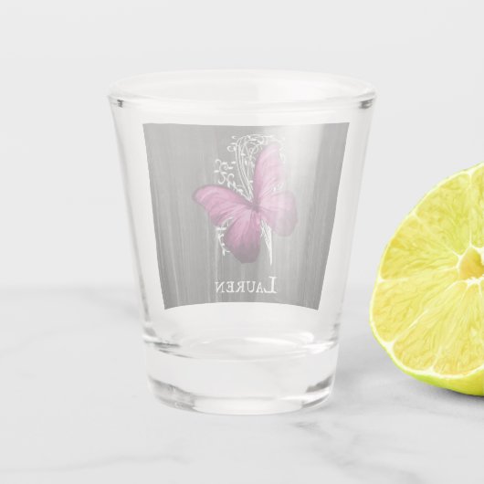Magenta Rustic Butterfly - gepersonaliseerd warm g Shot Glas (Achterkant)