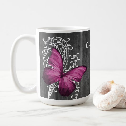 Magenta Rustic Butterfly - Mok op maat van koffie (Met donut)