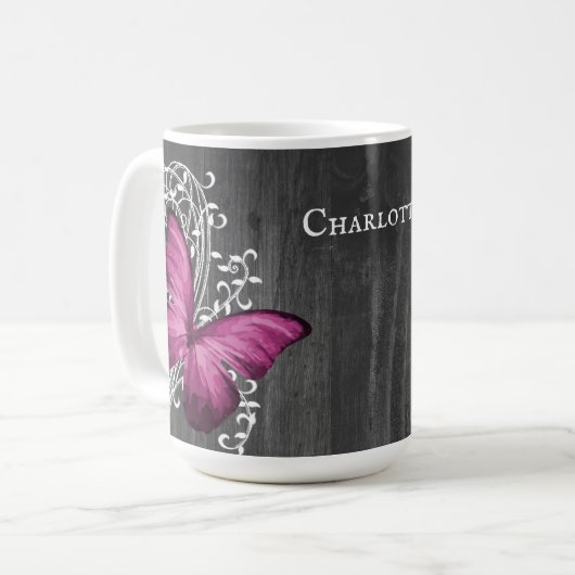 Magenta Rustic Butterfly - Mok op maat van koffie (Voorkant links)