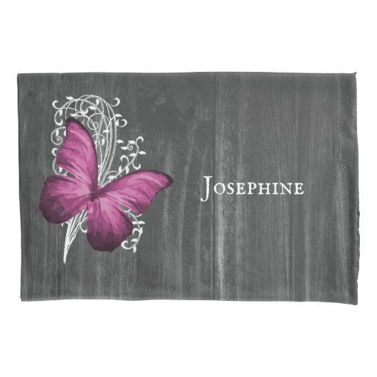 Magenta Rustic Butterfly Personalized Kussensloop (Voorkant)