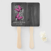 Magenta Rustic Butterfly Wedding Favor Hand Fan Handwaaier (Voorkant en achterkant)