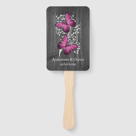 Magenta Rustic Butterfly Wedding Favor Hand Fan Handwaaier (Voorkant)